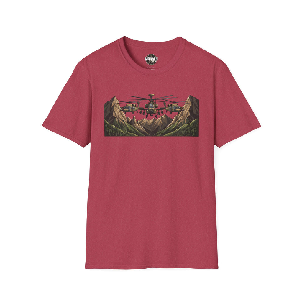 Military helicopter landscape graphic T-shirt, burgundy red, front chest print