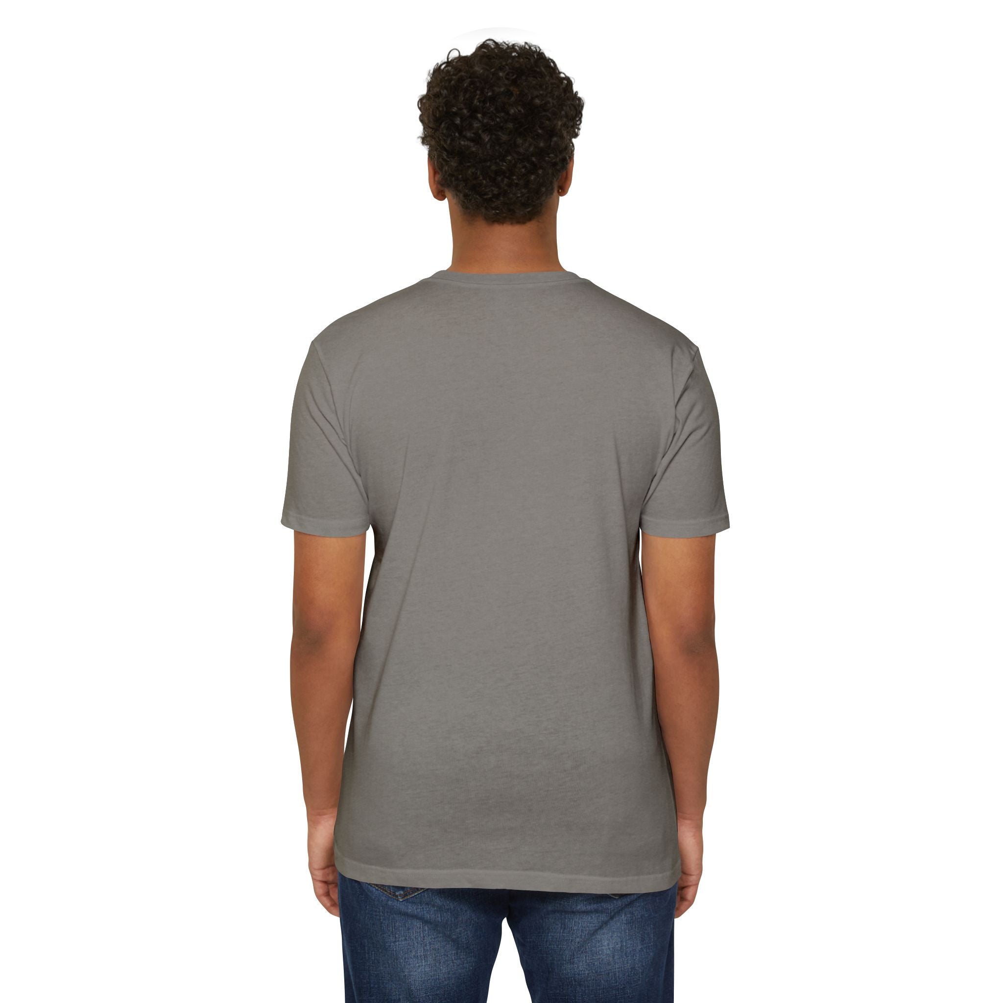 Medium gray T-shirt, crew neck, short sleeves; plain back view