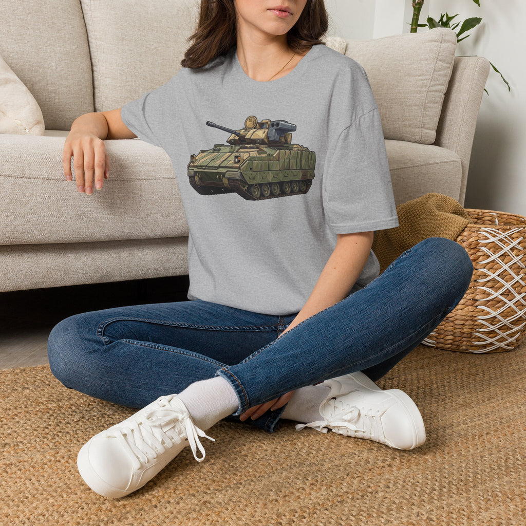 Heather gray crewneck t-shirt with a tank graphic on the chest