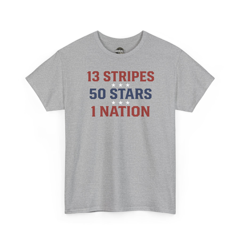 Light grey crewneck T-shirt with '13 STRIPES 50 STARS 1 NATION' graphic