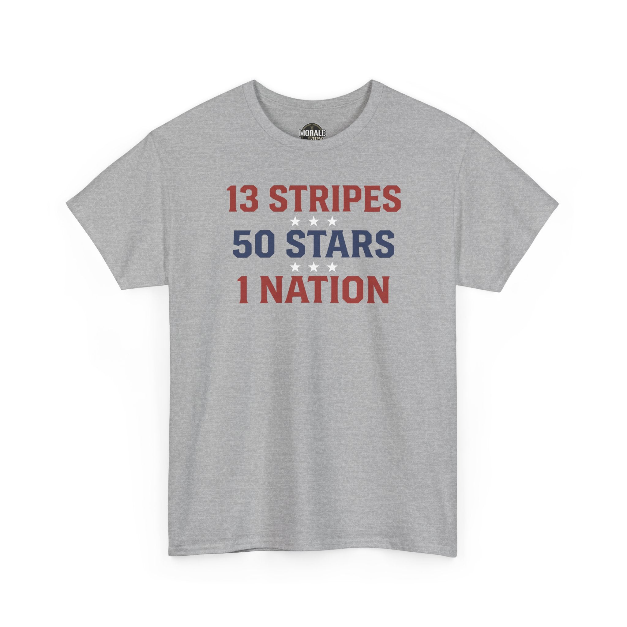 Light grey crewneck T-shirt with '13 STRIPES 50 STARS 1 NATION' graphic