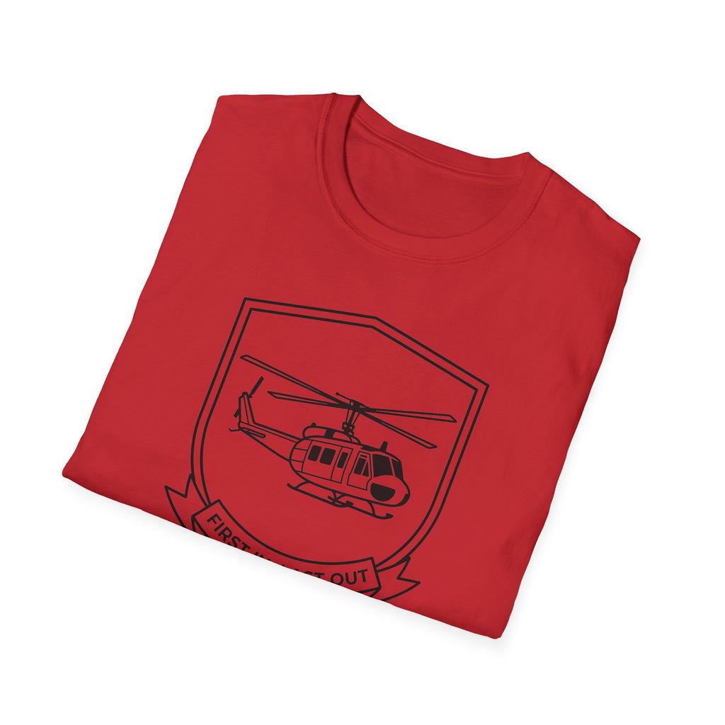 Red rescue helicopter T-shirt with helicopter emblem and ribbon graphic on front