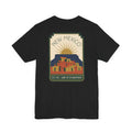 Black T-shirt with New Mexico sunset Pueblo art graphic in a square frame