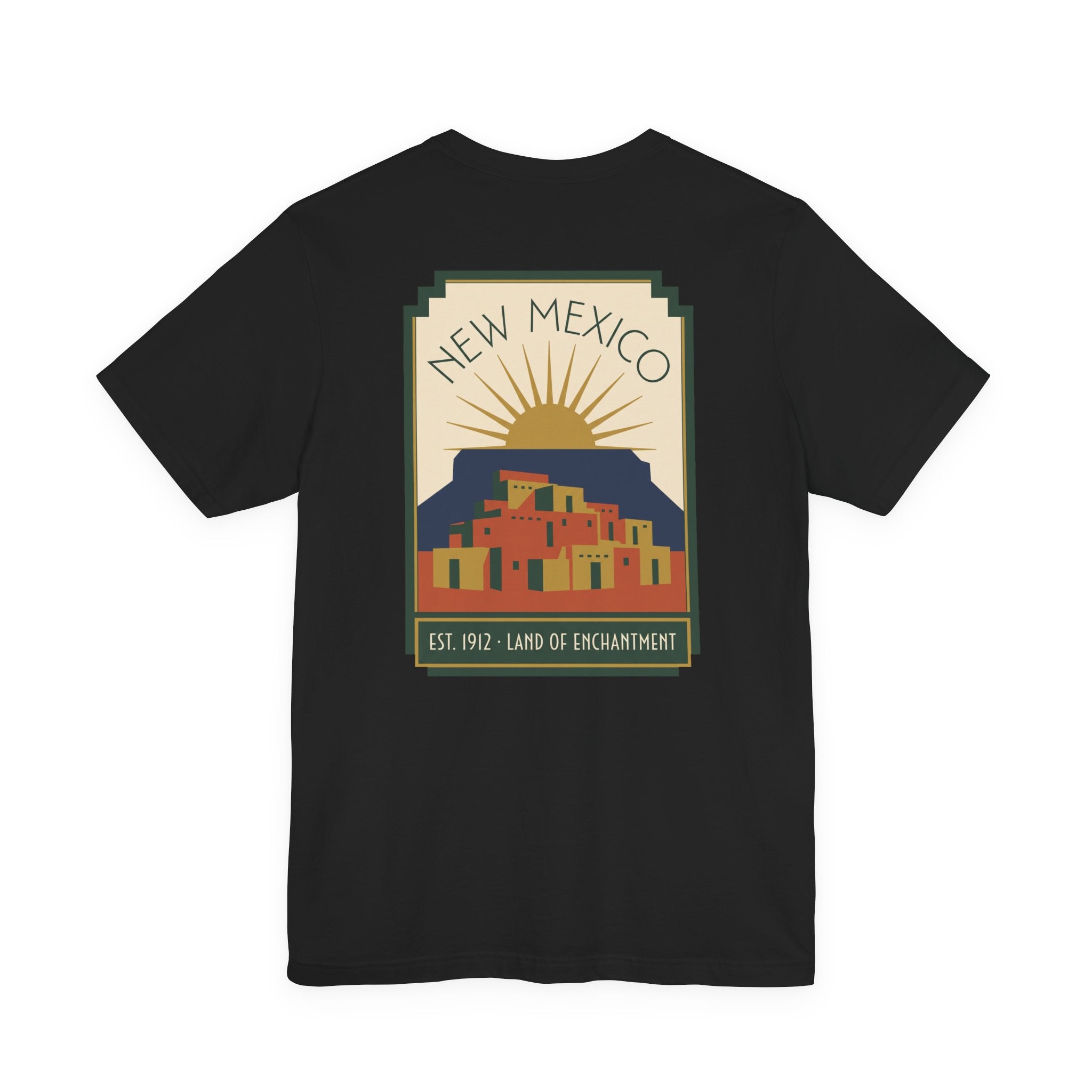 Black T-shirt with New Mexico sunset Pueblo art graphic in a square frame