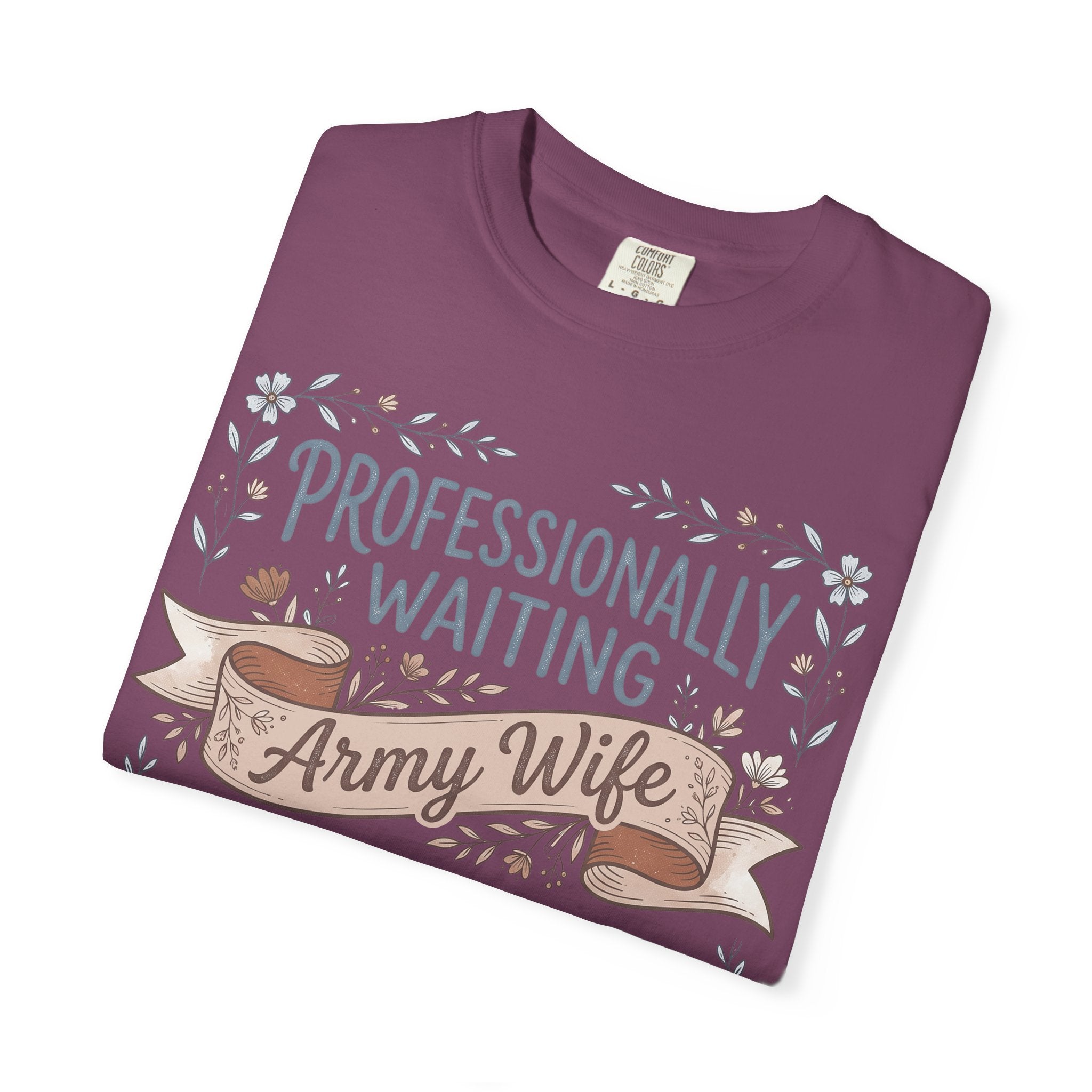 Purple T-shirt with 'Professionally Waiting' text and floral banner 'Army Wife'.