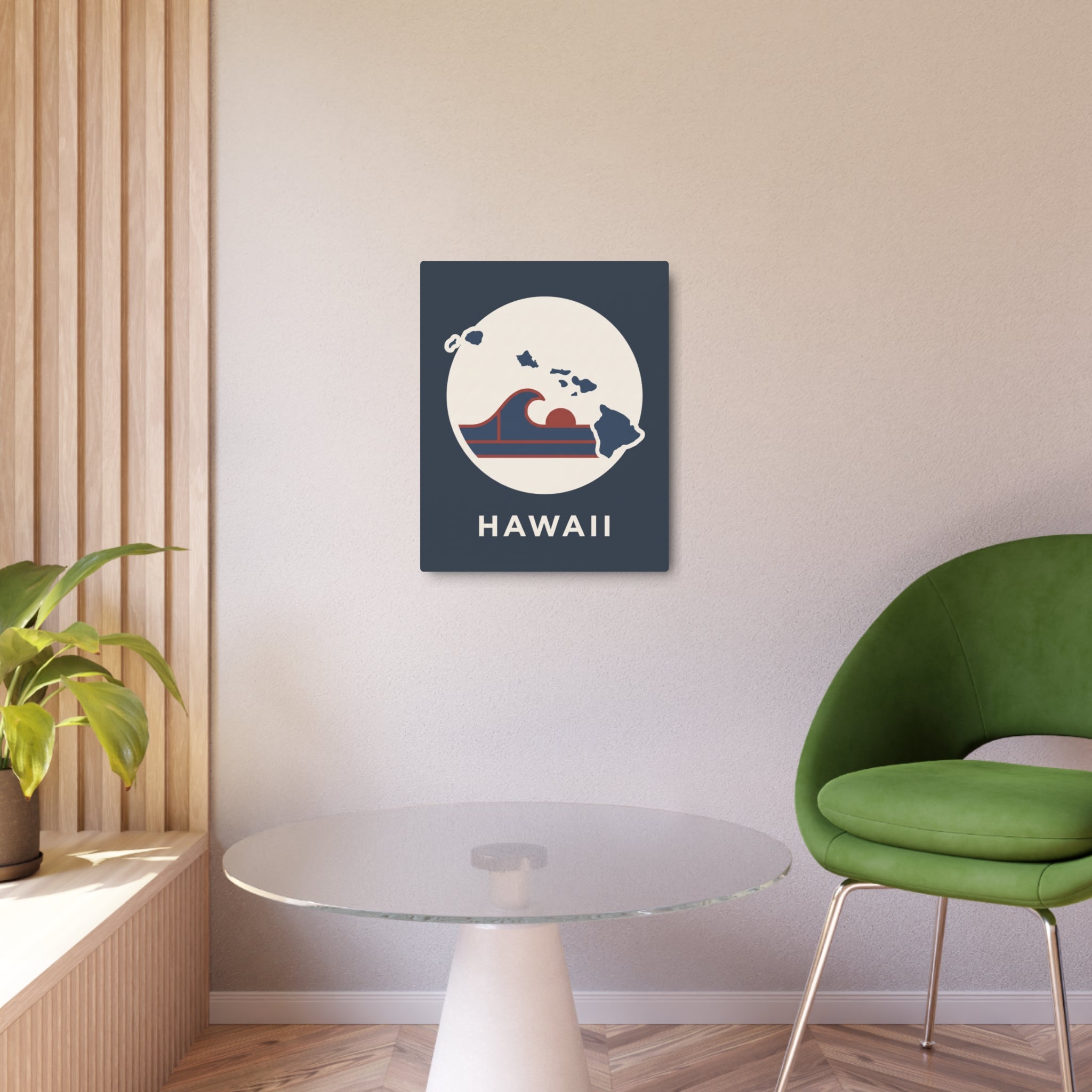 Dark blue Hawaii metal wall sign with circular island graphic, waves, and “HAWAII” text