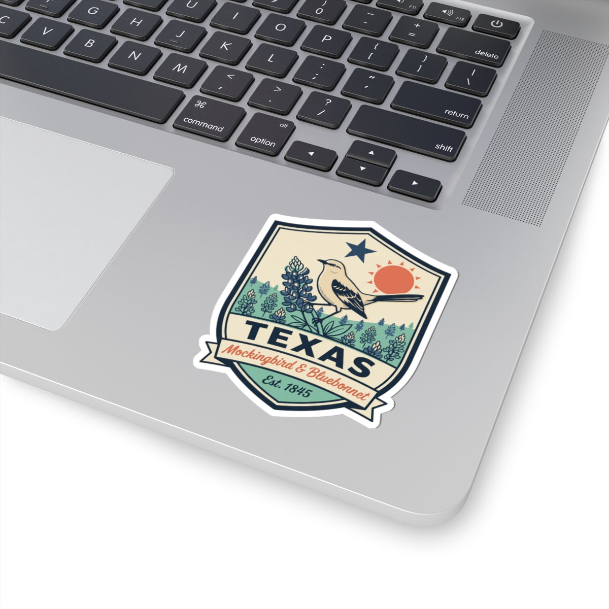 Texas badge sticker on laptop, mockingbird and bluebonnet design with TEXAS and Est. 1845