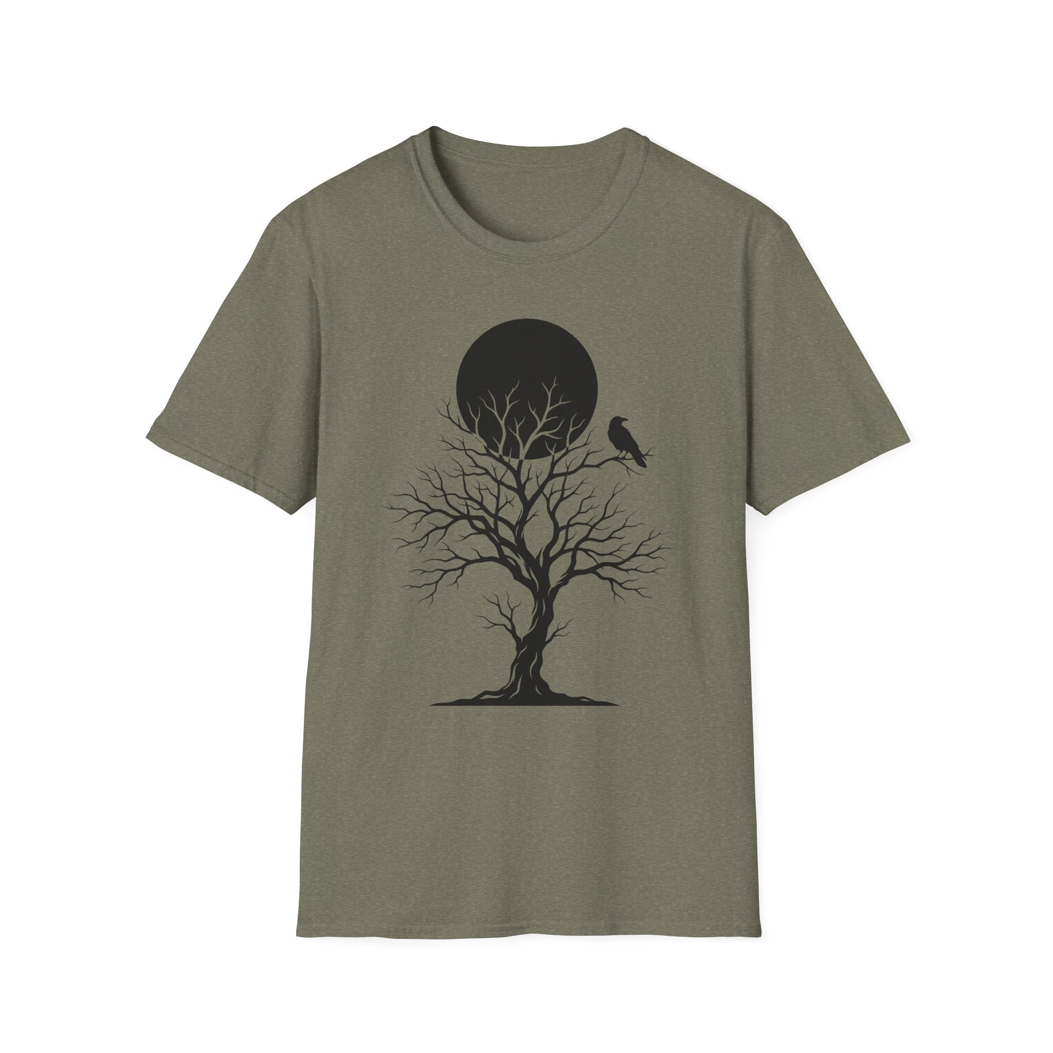 Olive Raven Moon T-shirt with black tree, perched bird, and moon circle graphic