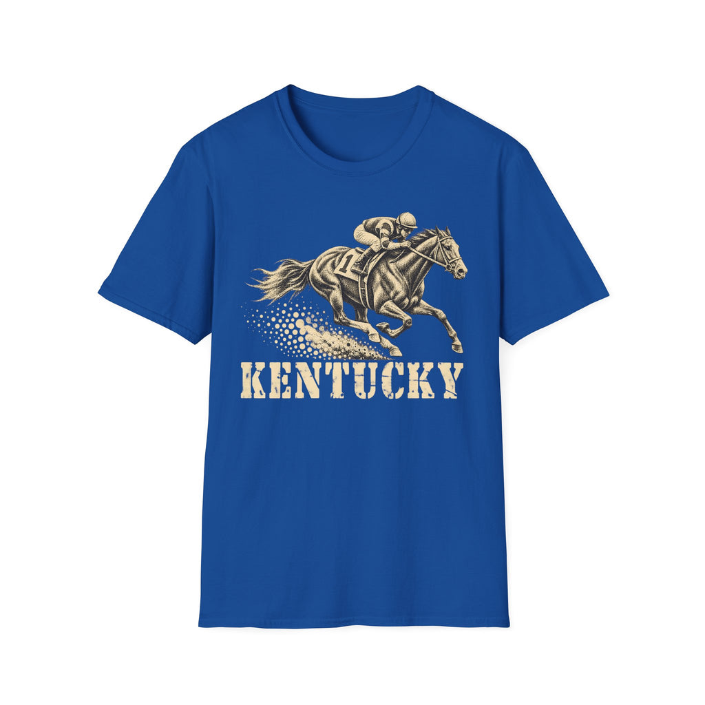 Royal blue t-shirt with jockey on galloping racehorse and 'KENTUCKY' graphic print