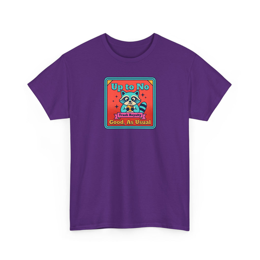 Purple T-shirt with raccoon graphic and “Good As Usual” text.