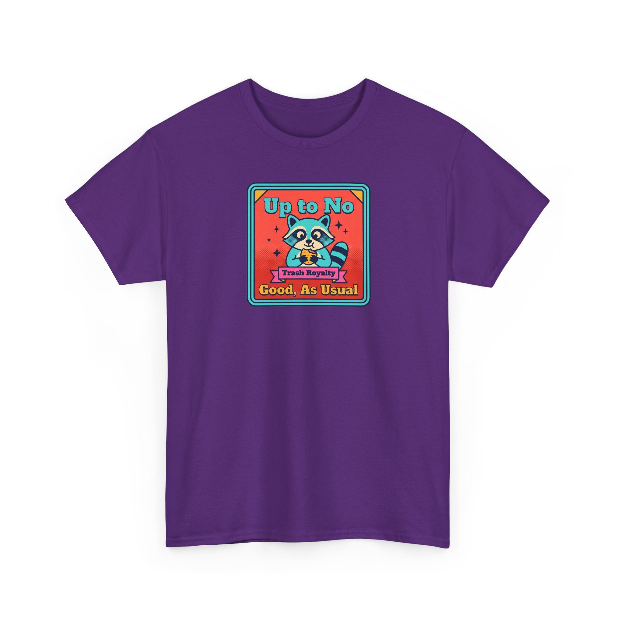 Purple T-shirt with raccoon graphic and “Good As Usual” text.