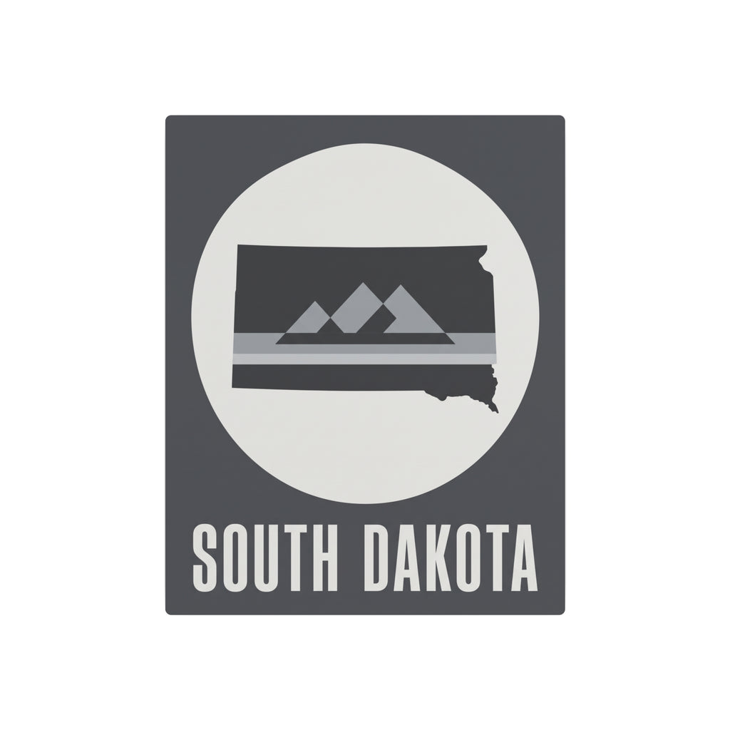 South Dakota metal wall sign, gray with mountain graphic in circle and 'SOUTH DAKOTA'