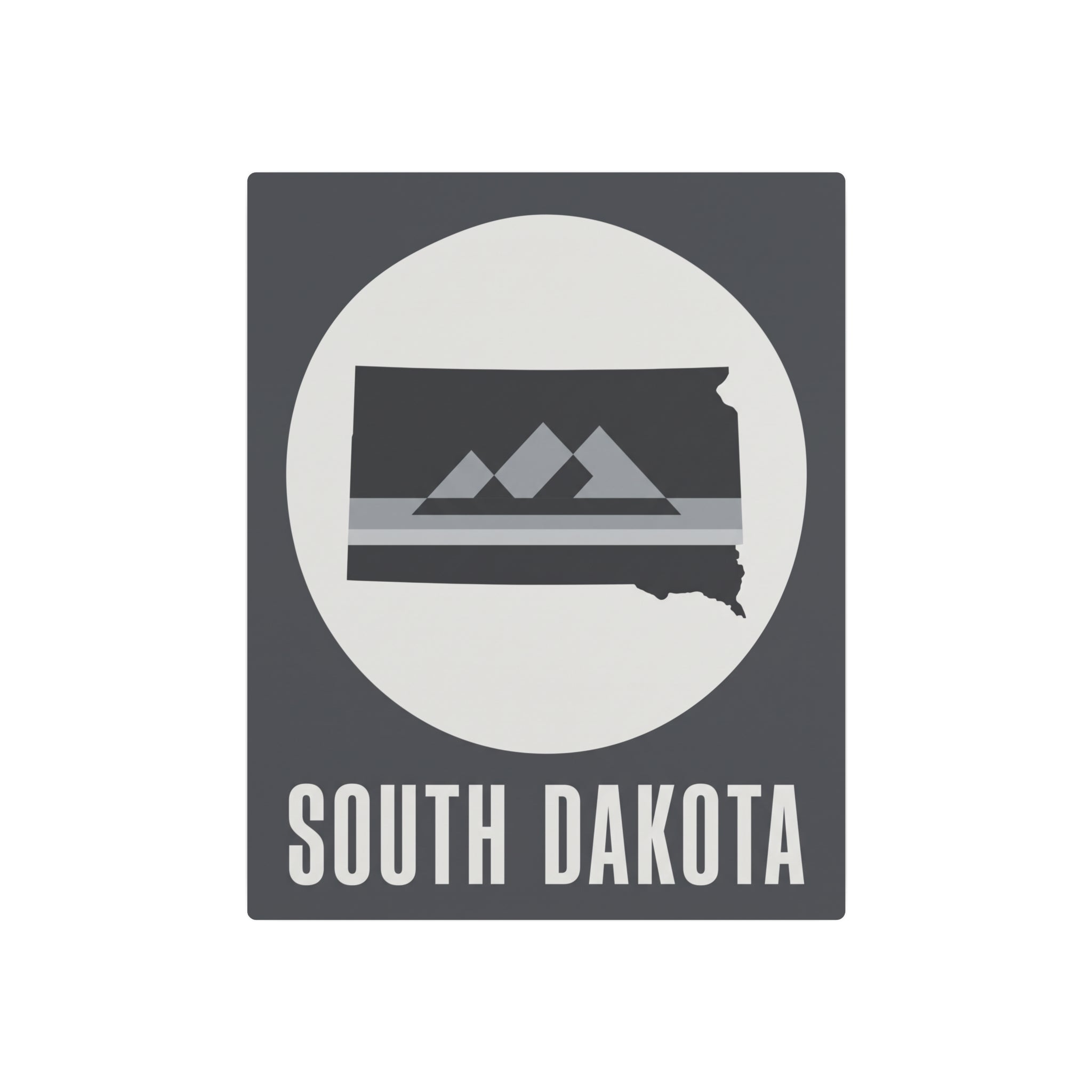 South Dakota metal wall sign, gray with mountain graphic in circle and 'SOUTH DAKOTA'