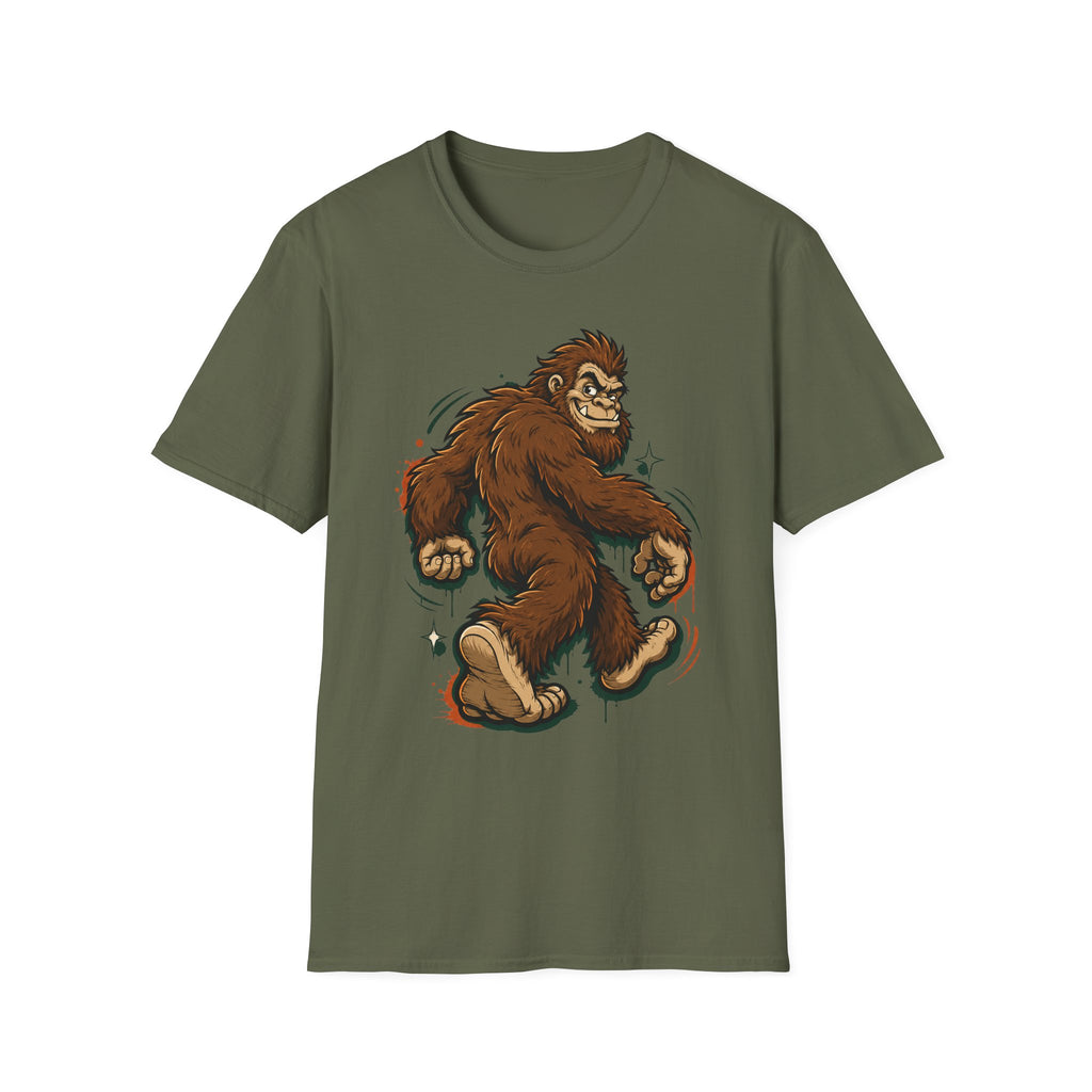 Military green T-shirt with running smirking bigfoot graphic