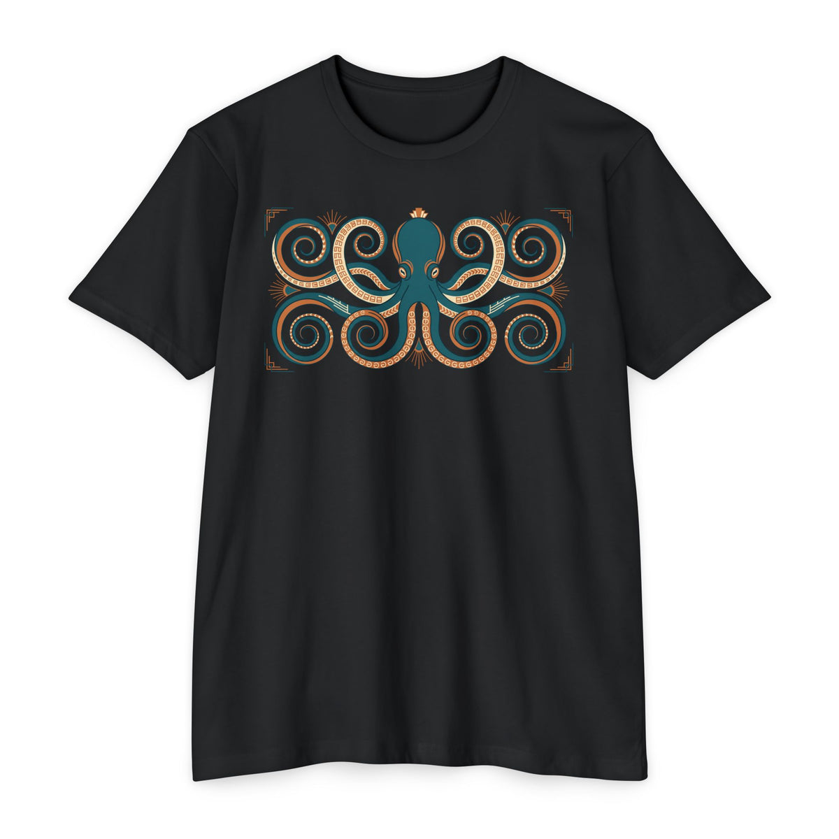 Black unisex T-shirt with teal octopus swirl graphic