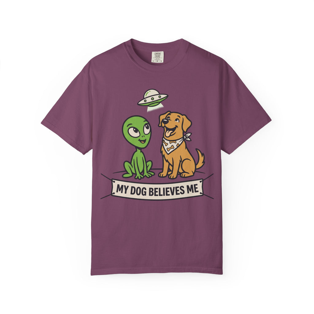 Plum T-shirt with alien and dog graphic, 'MY DOG BELIEVES ME' text