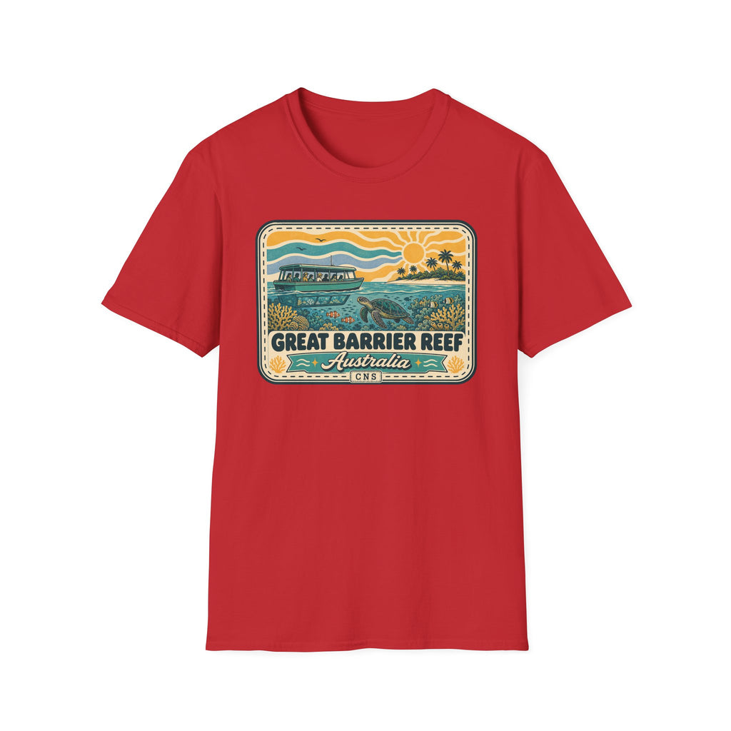 Red graphic tee with Great Barrier Reef Australia label and marine scene front print