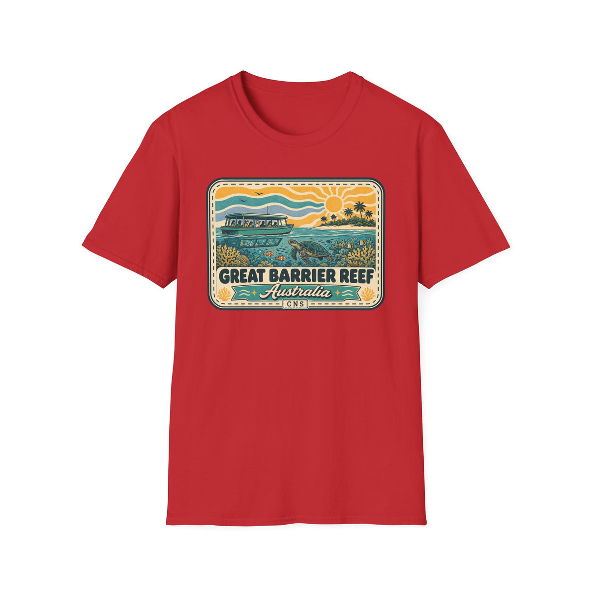 Red graphic tee with Great Barrier Reef Australia label and marine scene front print