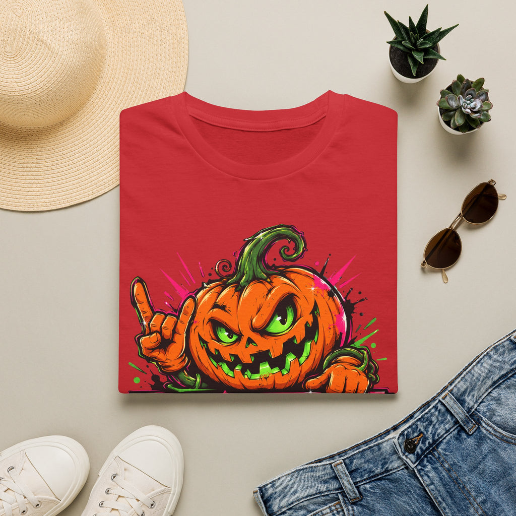 Red Halloween graphic T-shirt with jack-o-lantern smiling face print
