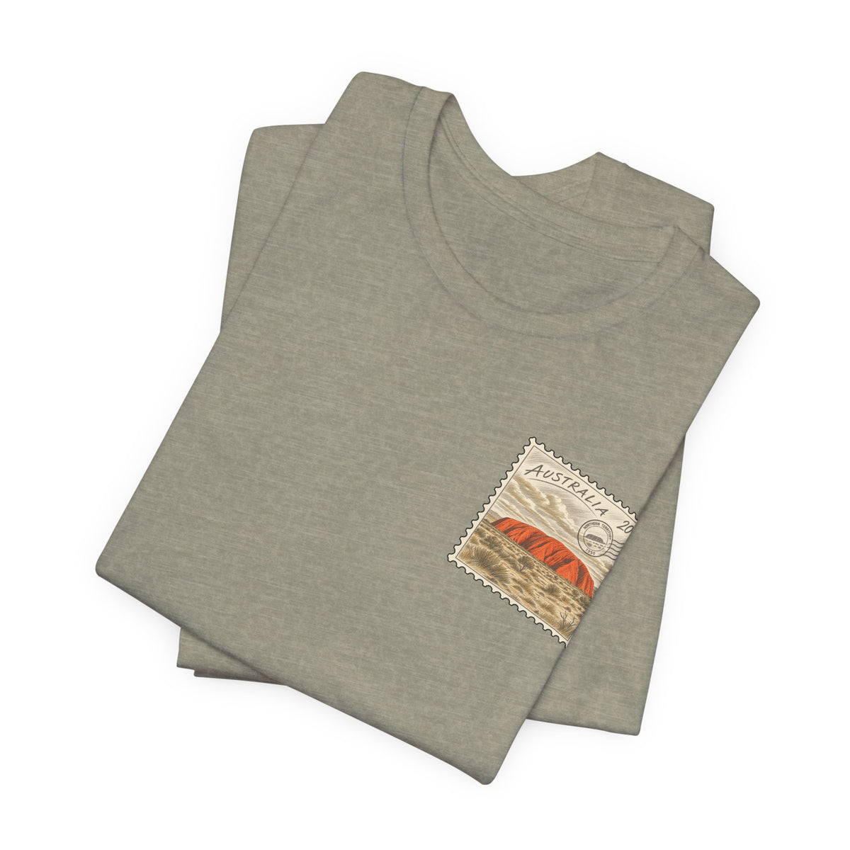 Dark heather travel t-shirt with framed Australia postage stamp graphic on chest