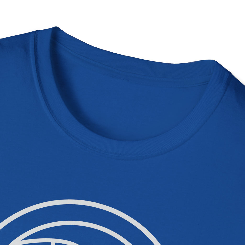 Blue T-shirt neckline with partial circular white graphic