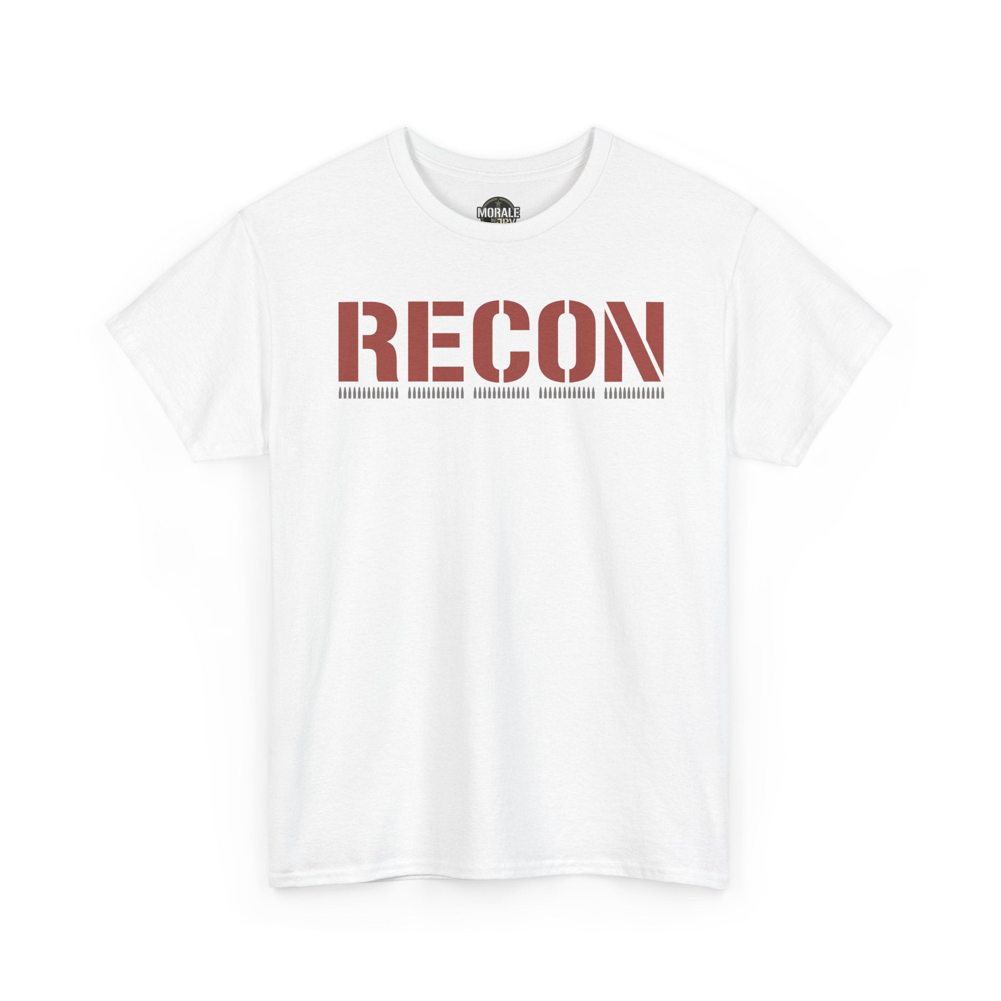 White unisex T-shirt with 'RECON' stencil logo on chest