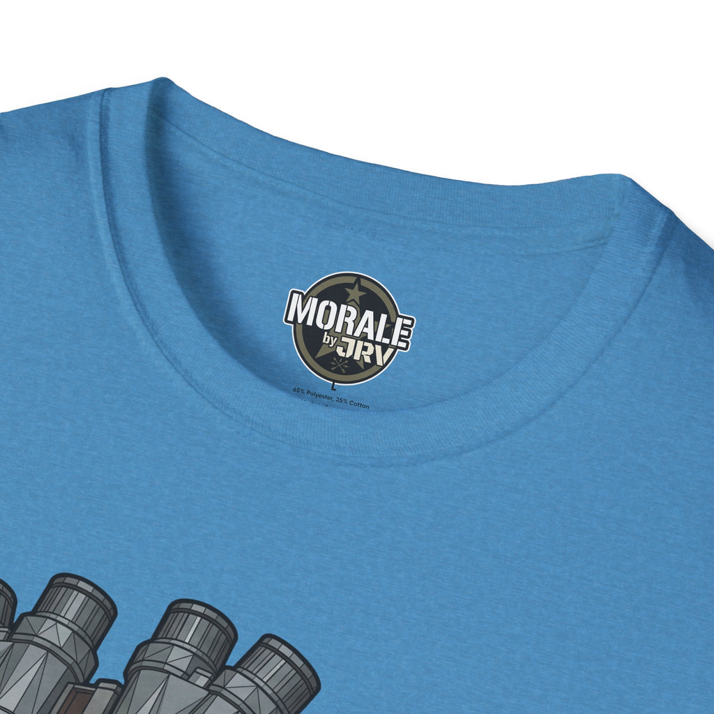 Blue T-shirt close-up of neck logo patch