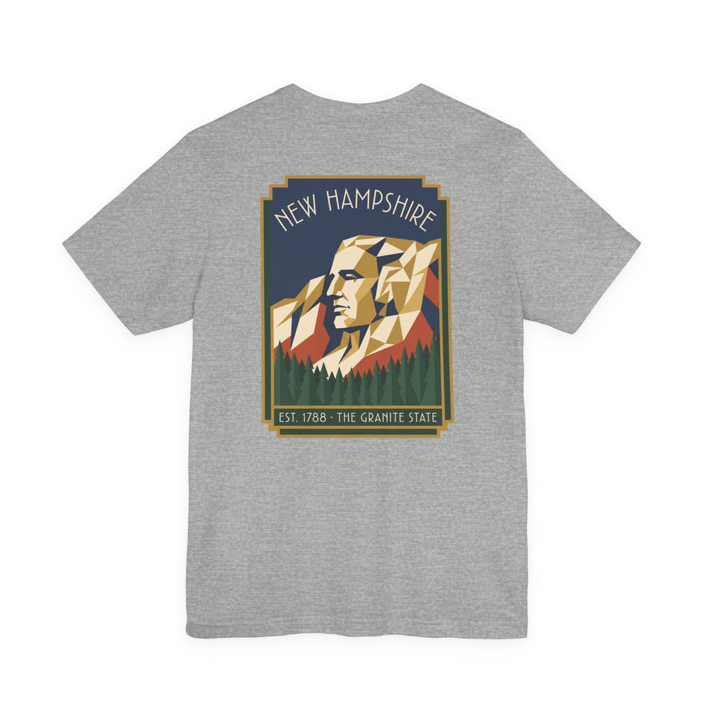 Graphic T-shirt in heather gray with square mountain face graphic centered