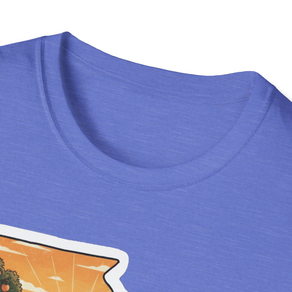 I Am Georgia T-shirt in heather blue, crew neck and top of map illustration at hem