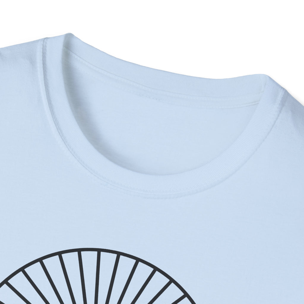 Light blue unisex T-shirt with crew neck and partial sunburst mountain graphic