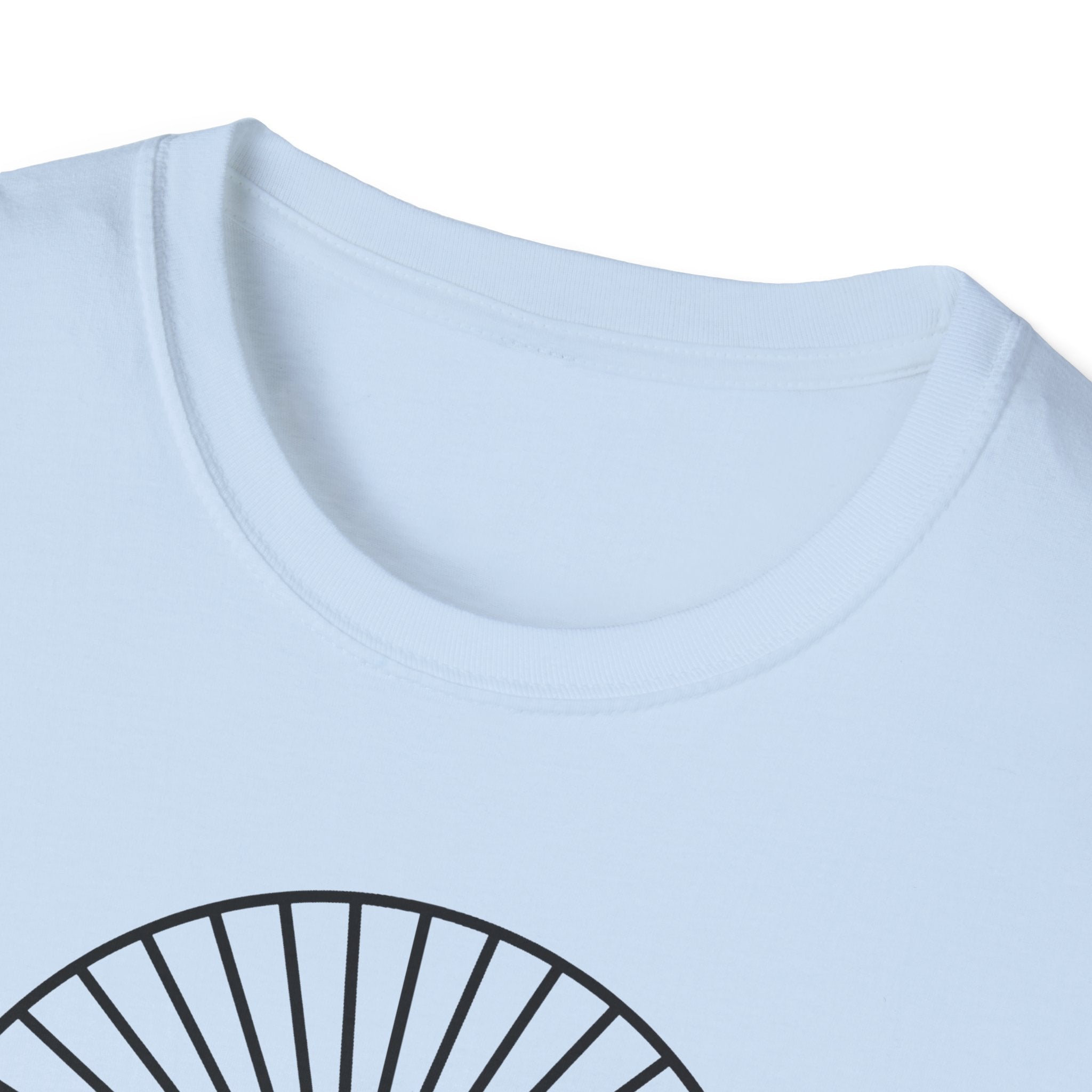 Light blue unisex T-shirt with crew neck and partial sunburst mountain graphic