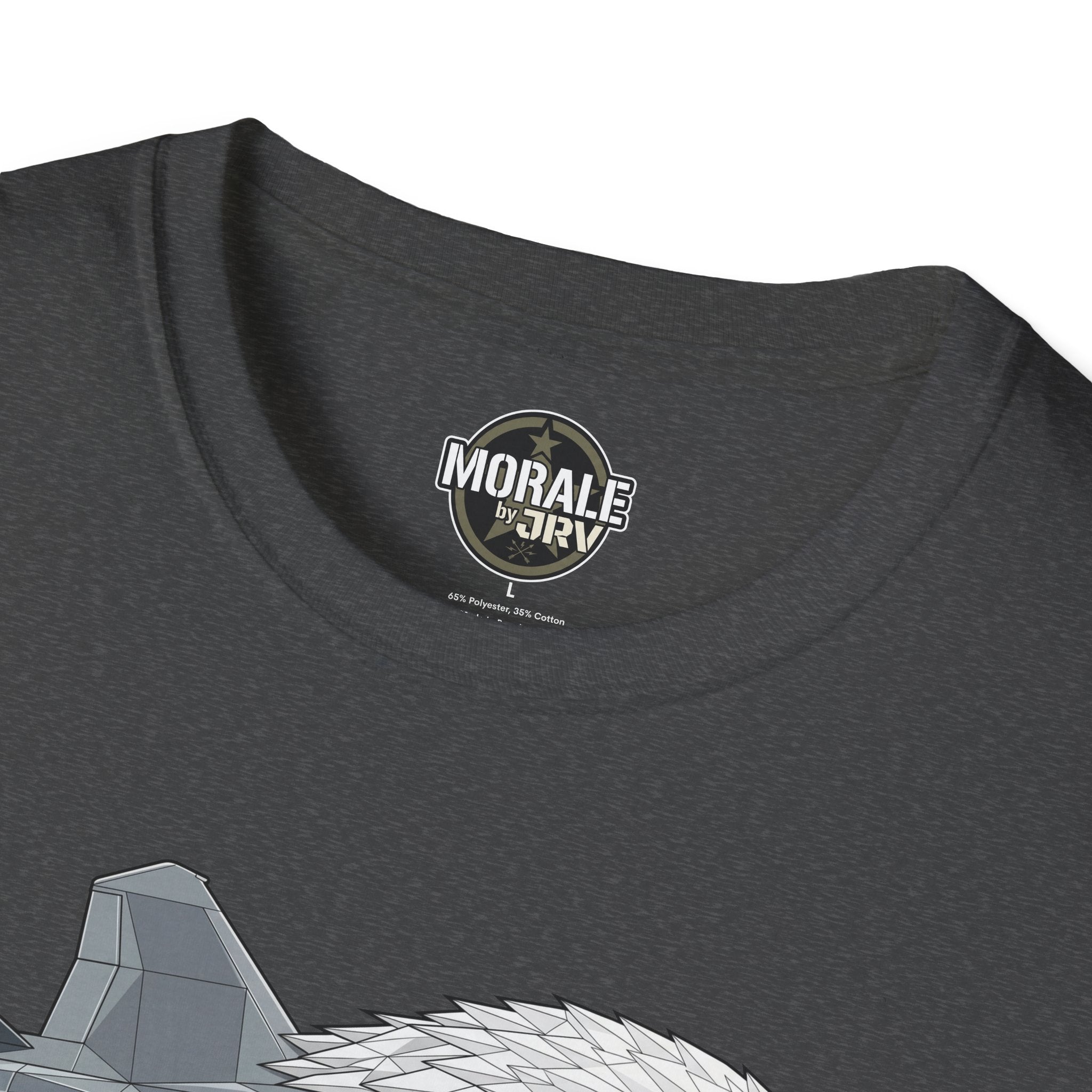 Eagle Fighter Jet T-Shirt close-up neck label Morale by JRI on dark gray