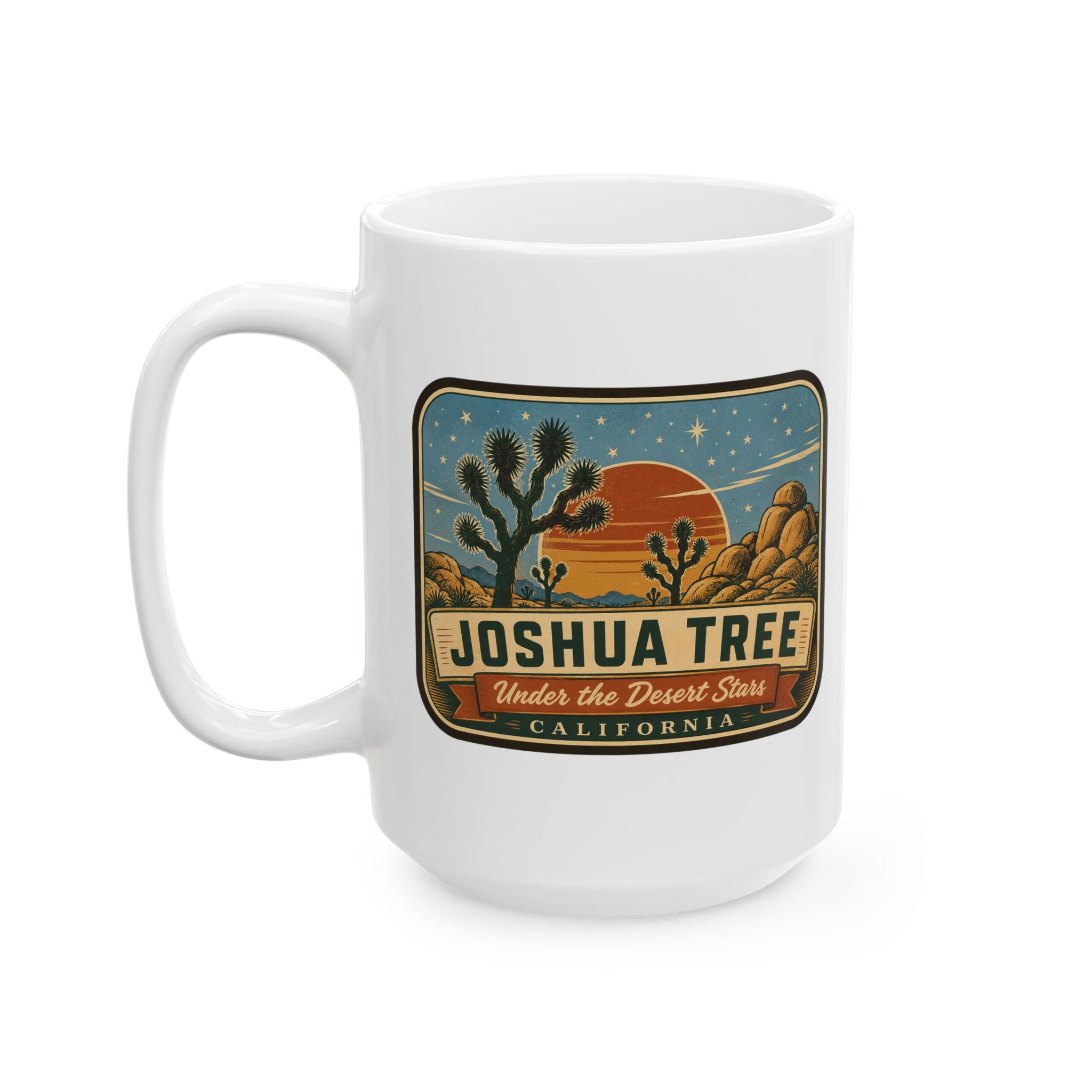 White ceramic mug with Joshua Tree emblem, desert scene illustration, and side handle