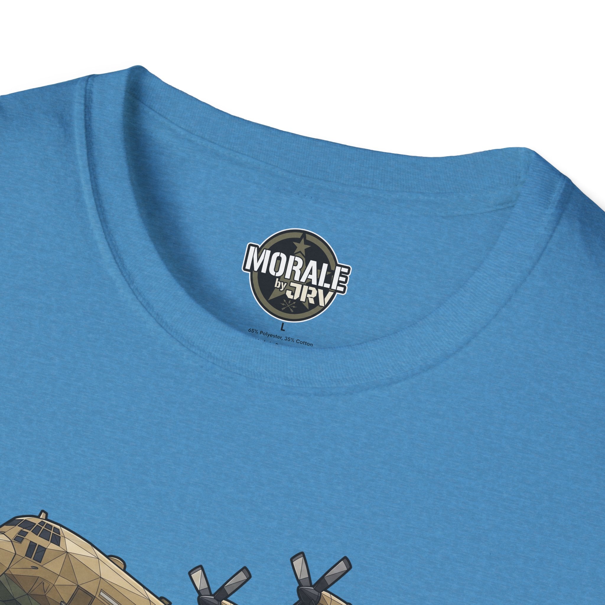 Blue C-130 T-Shirt, “Morale by JRI” oval logo at the crew-neck