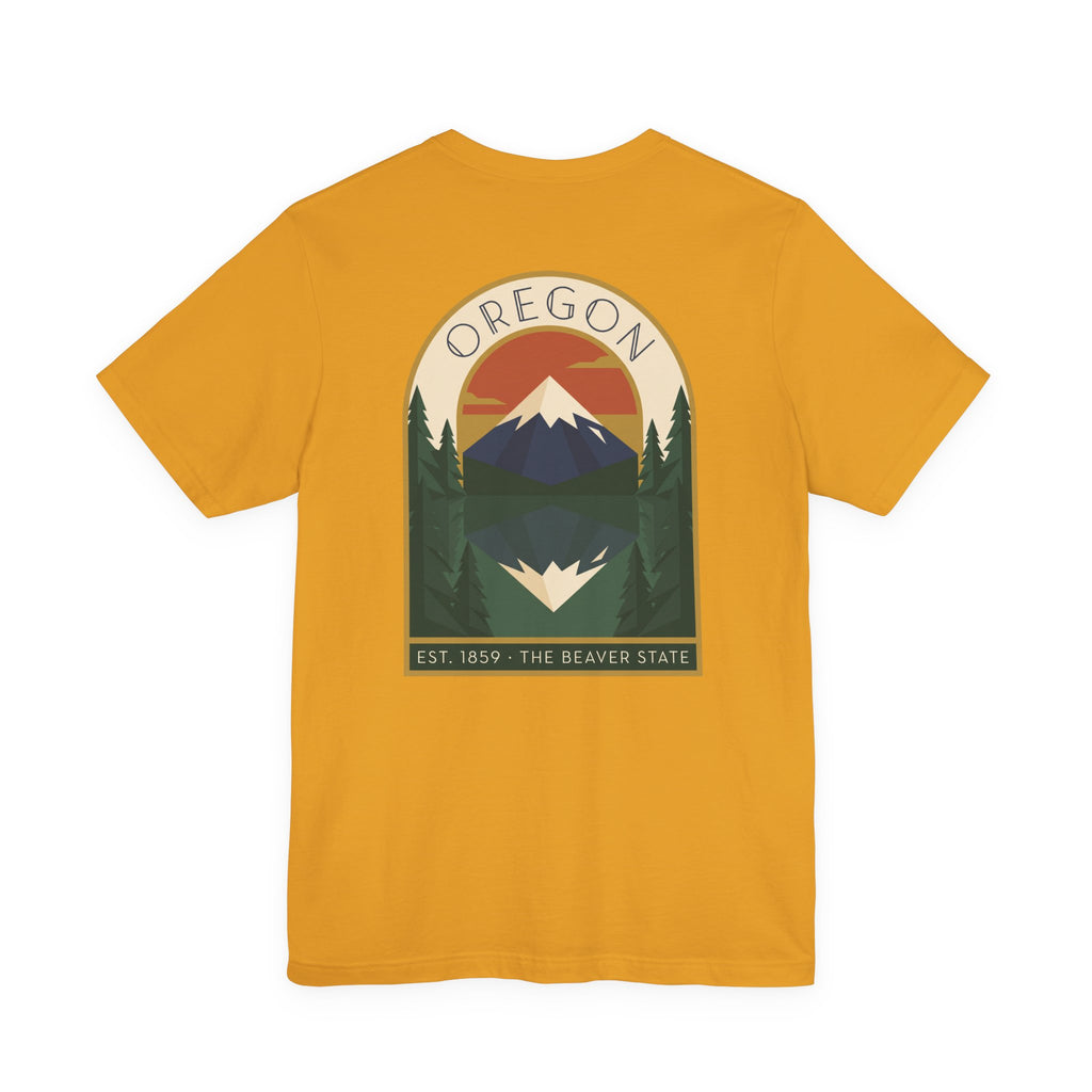 Mustard crewneck T-shirt with large centered Oregon graphic print