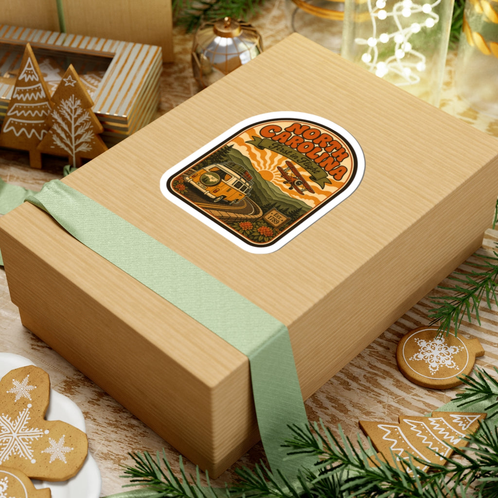 North Carolina vintage van and biplane sticker on gift box lid, round die-cut