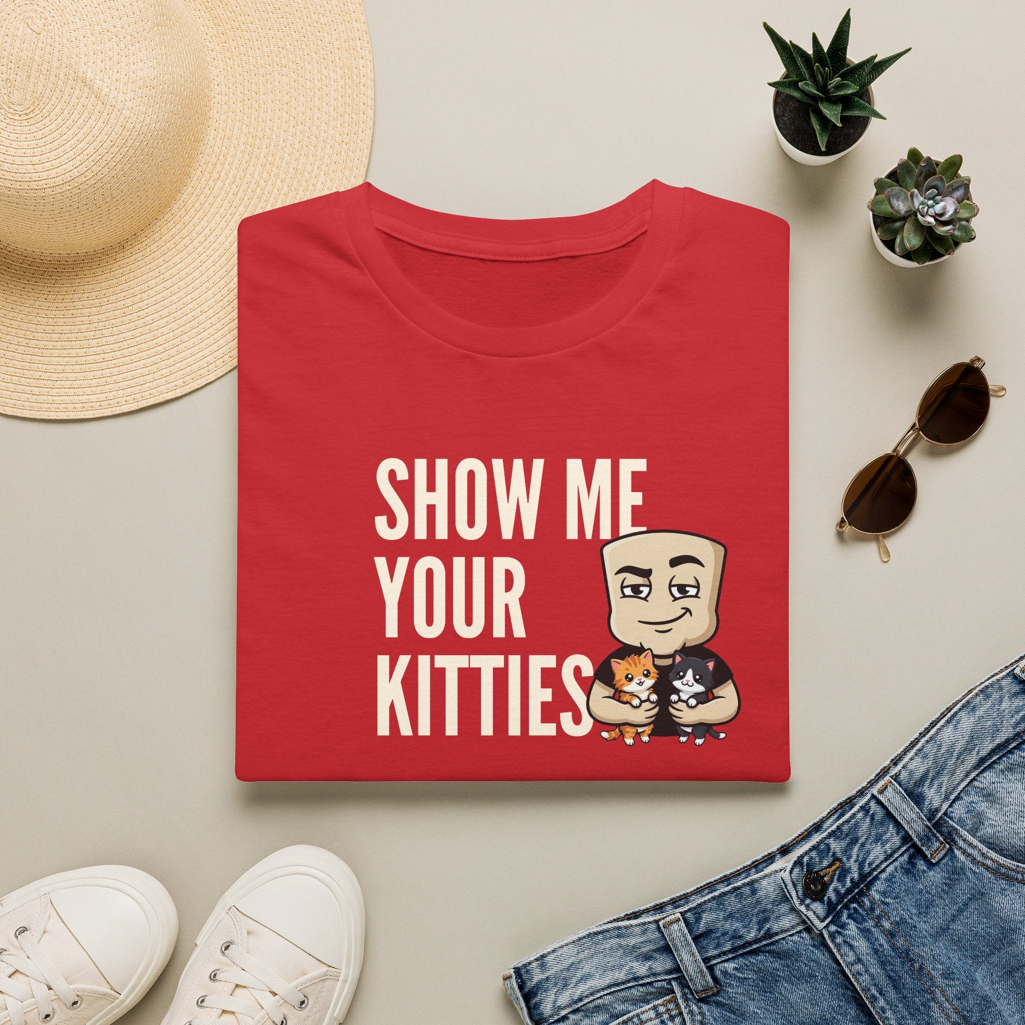 Red graphic t-shirt with text 'SHOW ME YOUR KITTIES' and cat illustration