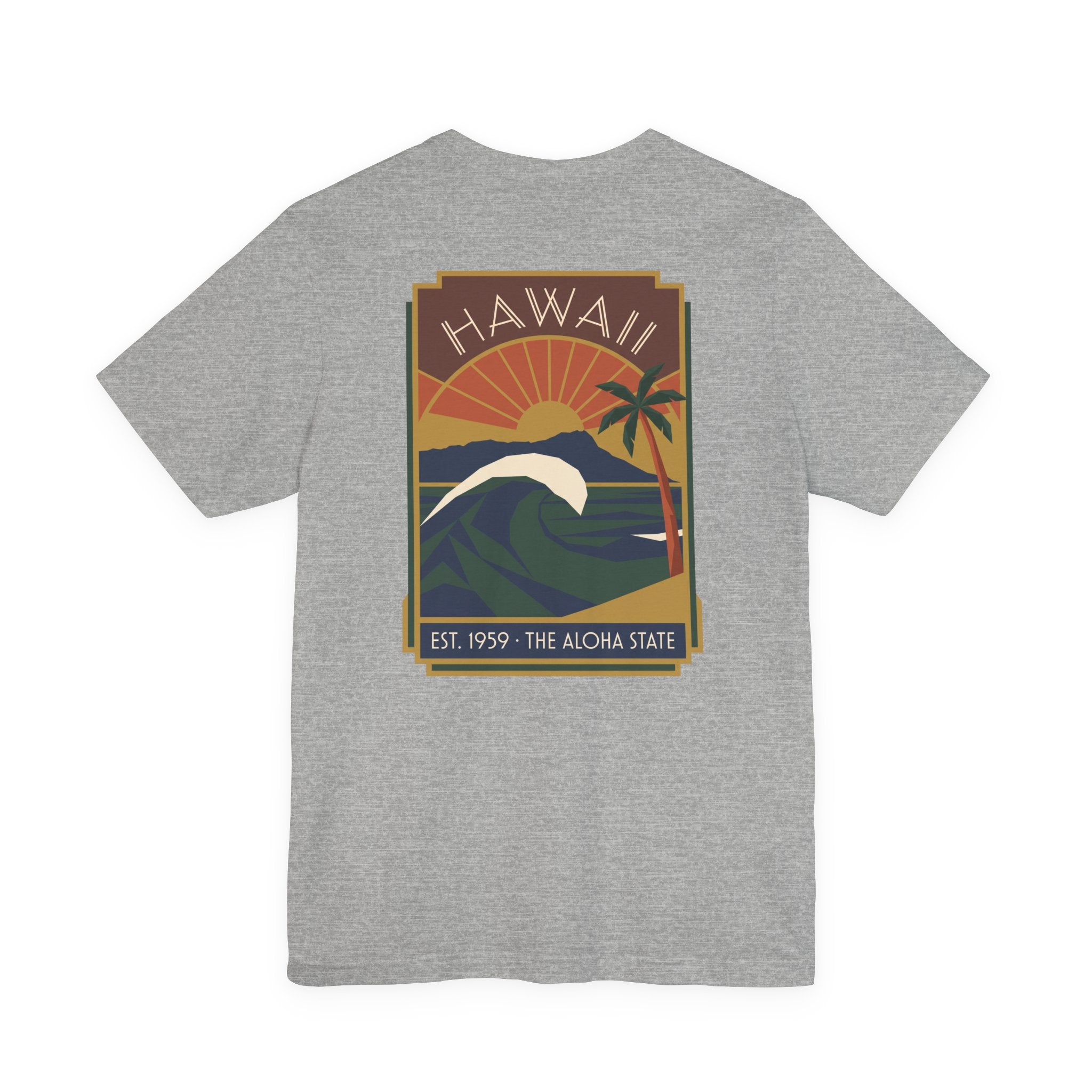 Heather gray T-shirt with vintage Hawaii sunset and wave graphic print