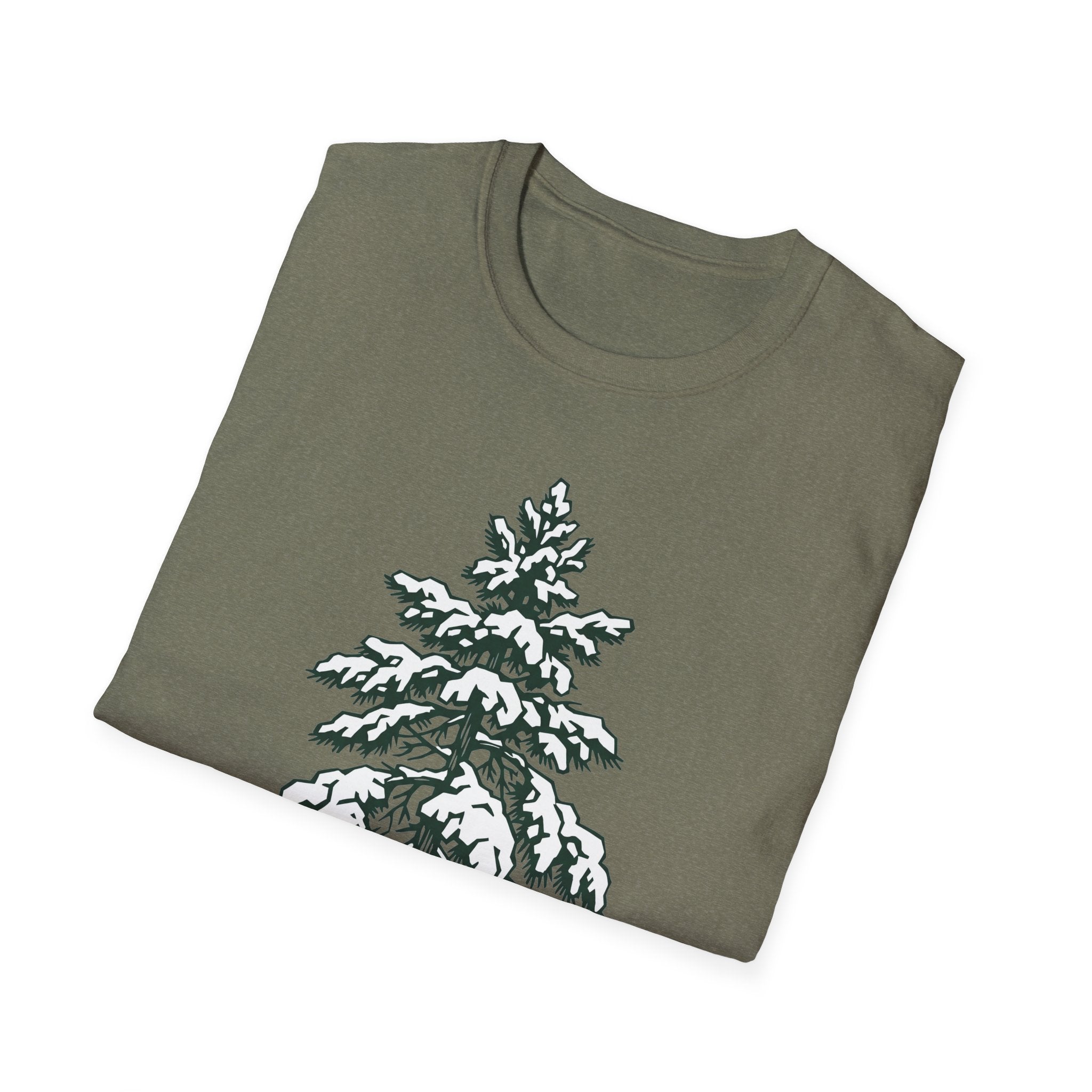 Heather Military Green t-shirt with snowy pine tree illustration graphic on the front