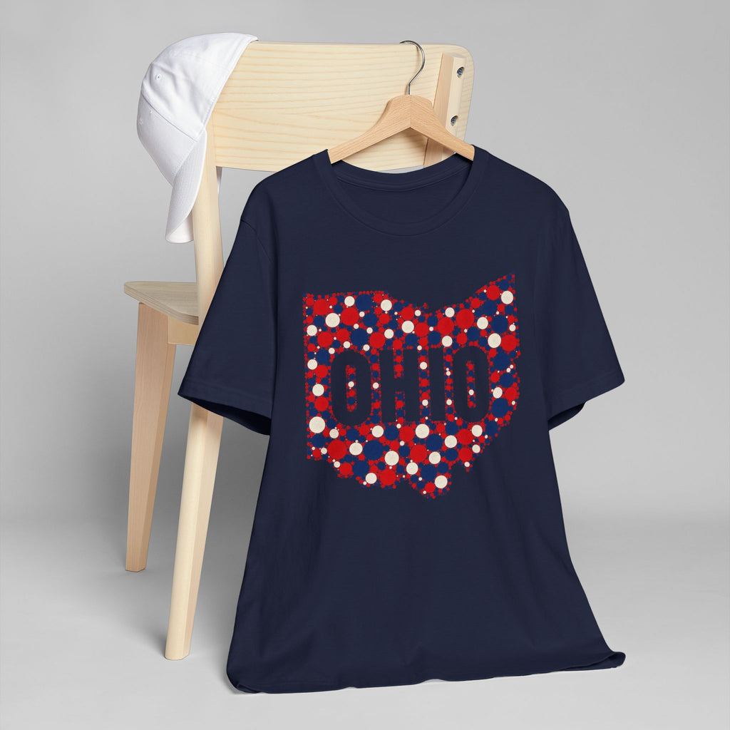 Navy crew-neck t-shirt with Ohio outline graphic in red white and blue
