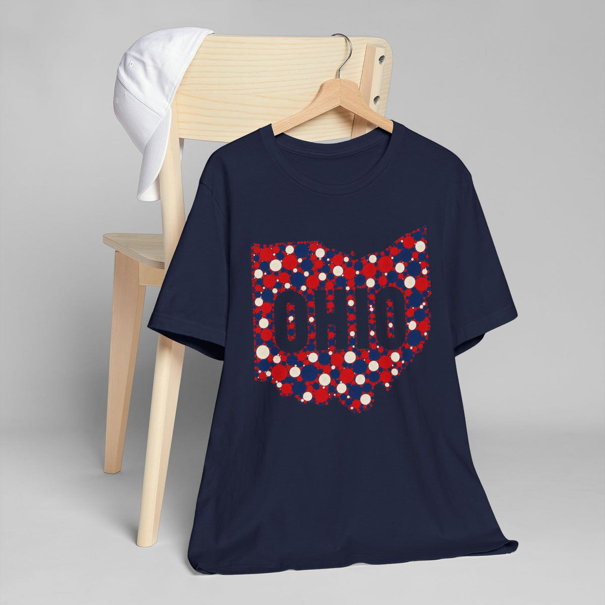Navy crew-neck t-shirt with Ohio outline graphic in red white and blue