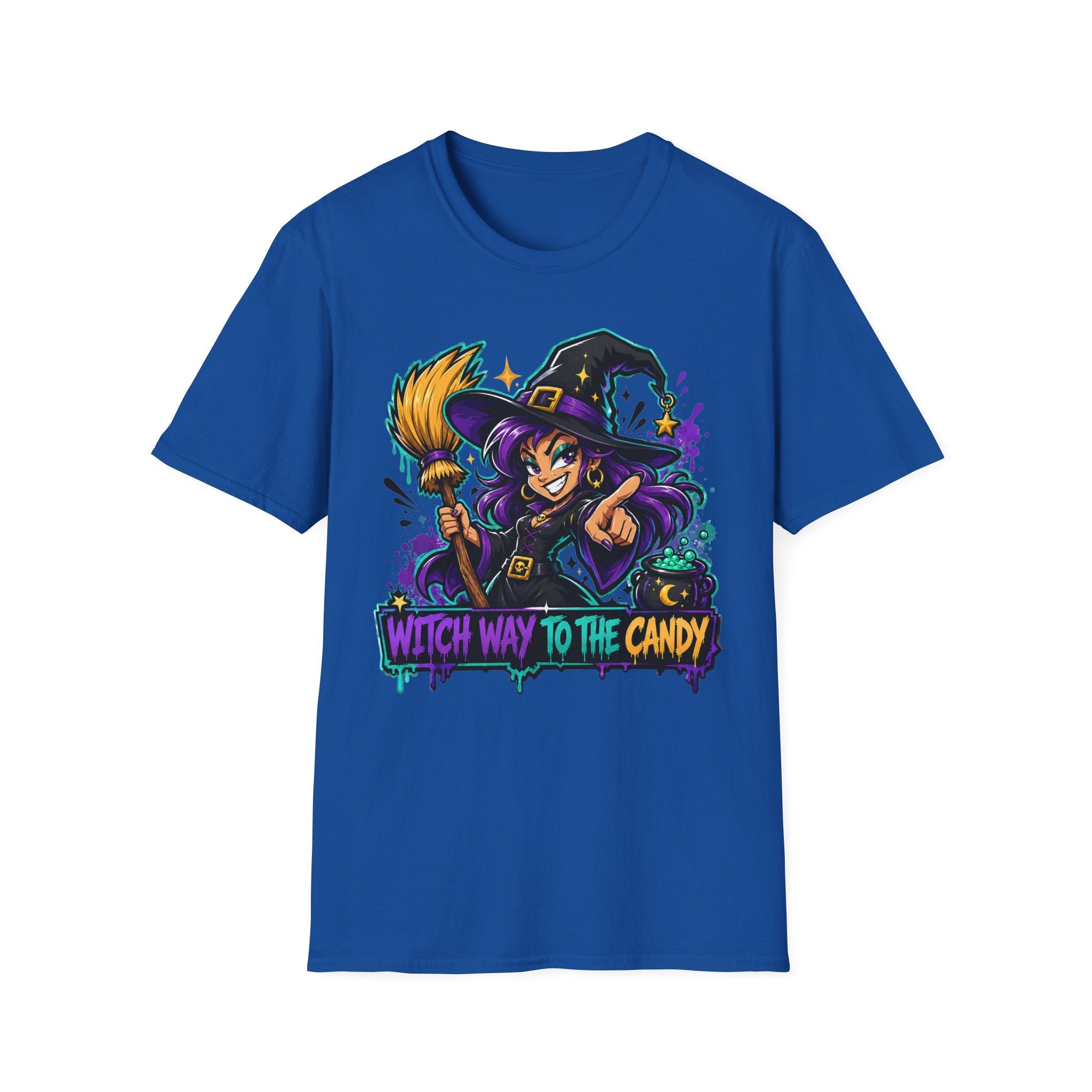 Royal blue crewneck T-shirt with witch holding candy front graphic.