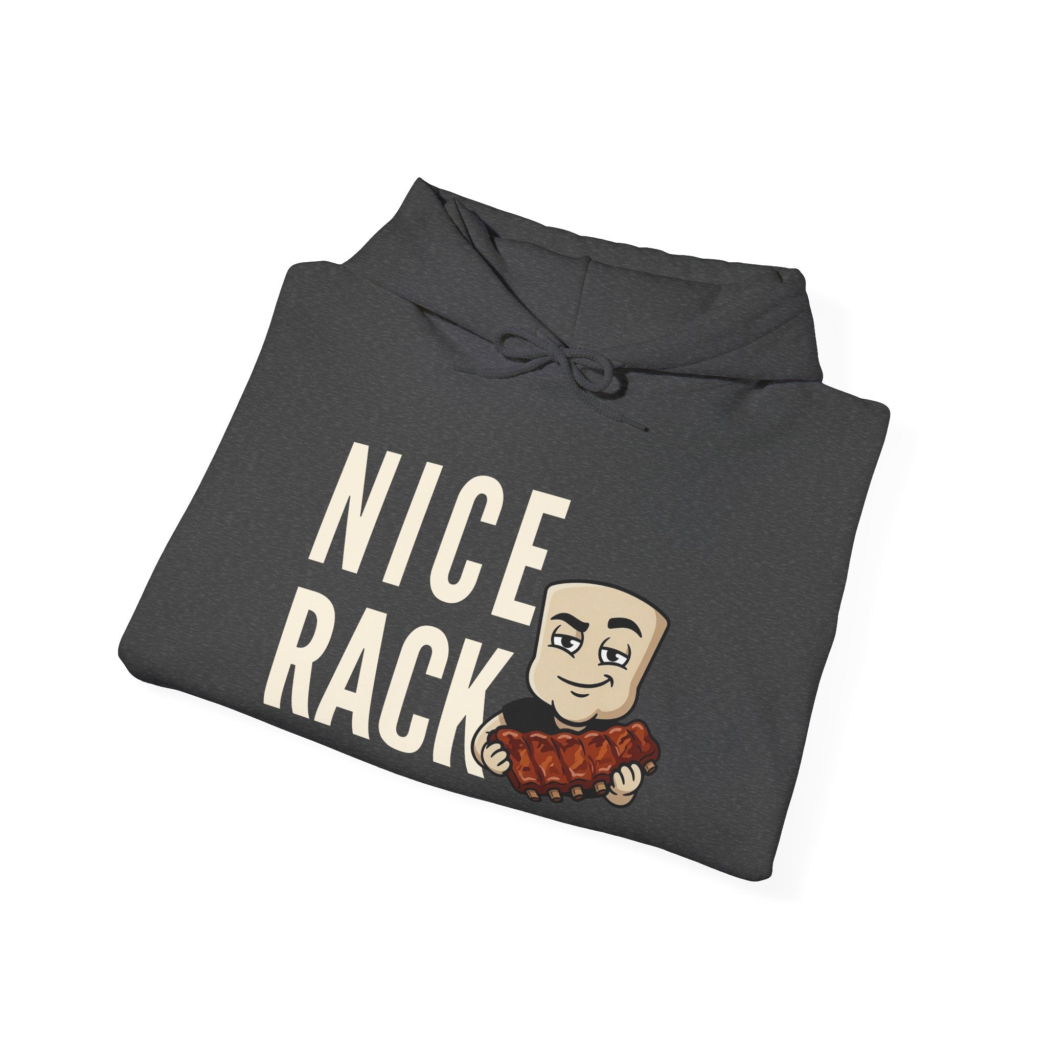 Dark gray hoodie with "NICE RACK" rib graphic and cartoon face on front.