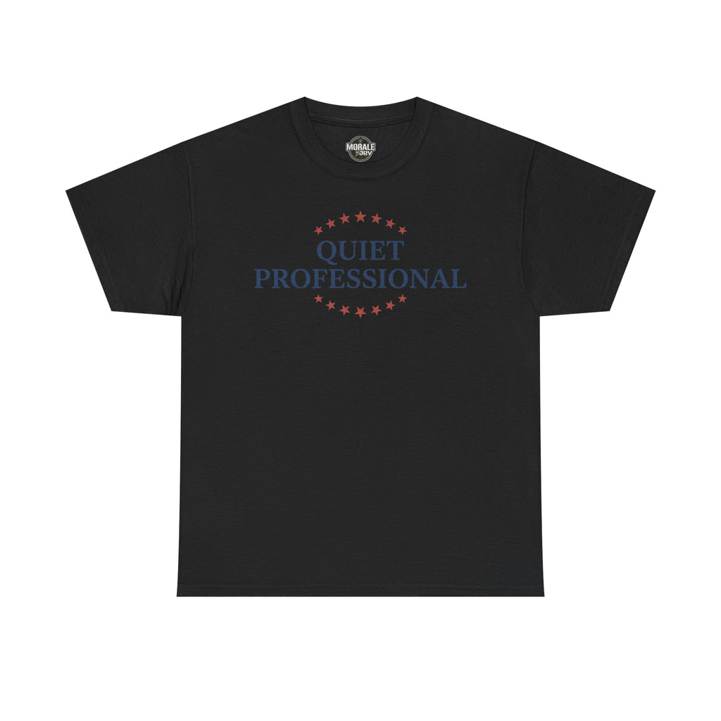 Black crew-neck t-shirt with red star circle and “QUIET PROFESSIONAL” graphic