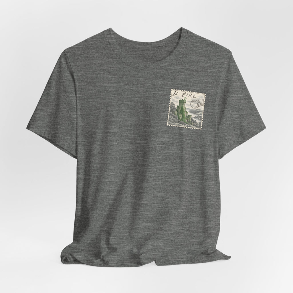 Heather gray T-shirt with vintage postage-stamp graphic on left chest