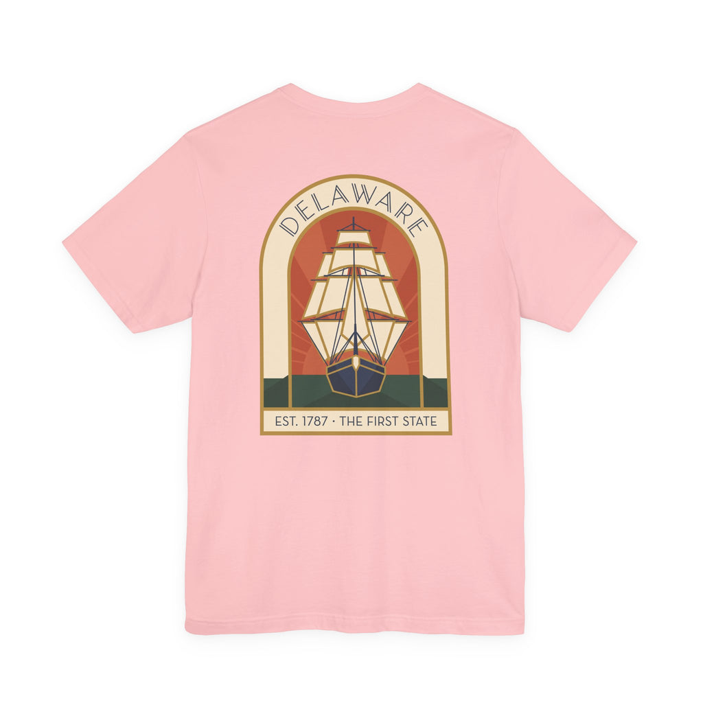 Light peach Delaware tall ship T-shirt with circular vintage graphic and EST 1787