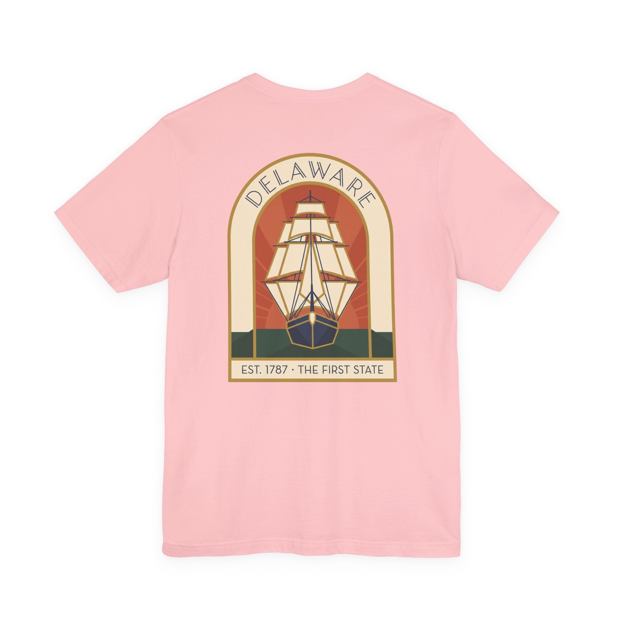 Light peach Delaware tall ship T-shirt with circular vintage graphic and EST 1787
