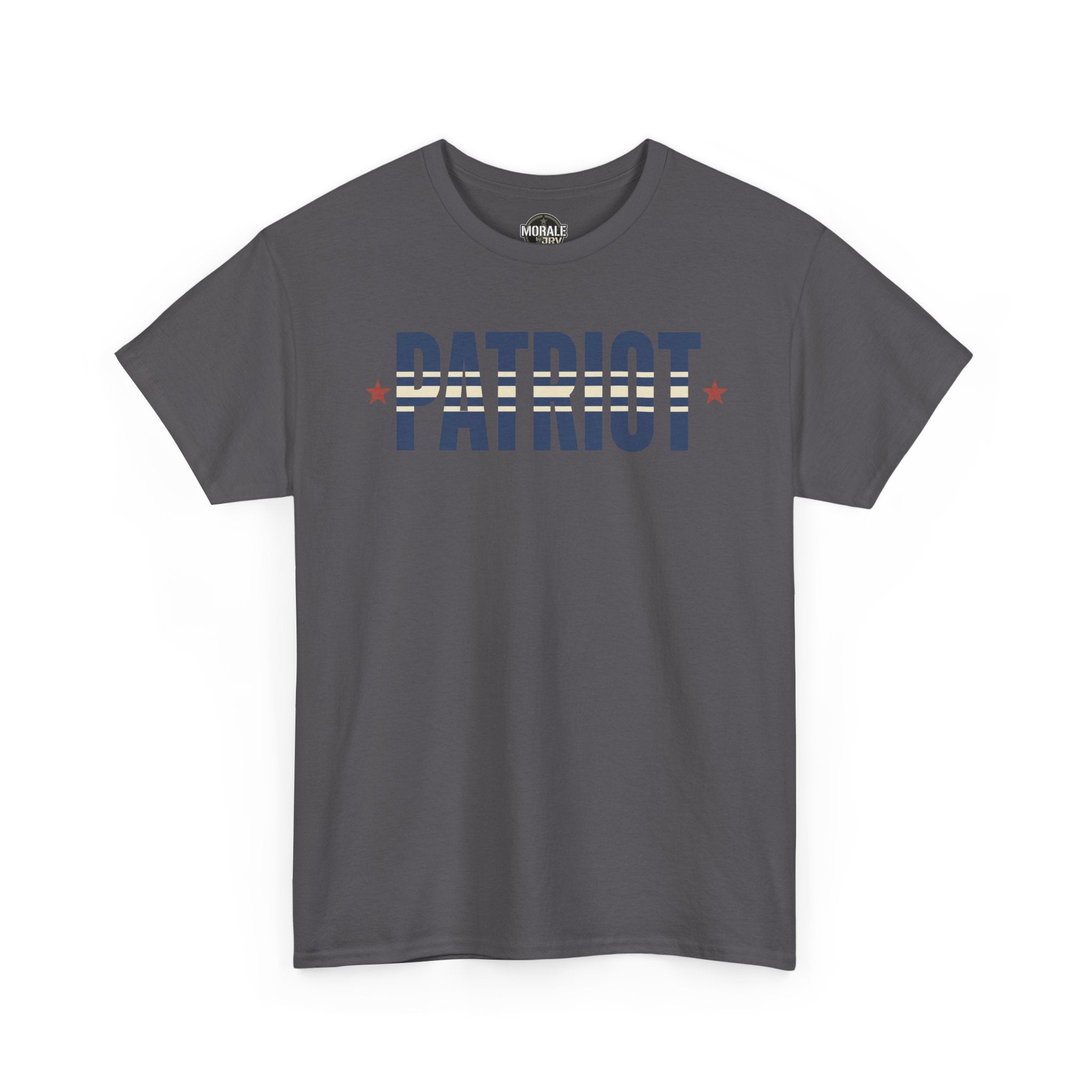Charcoal patriot graphic T-shirt with “PATRIOT” text and flag stripe design on front