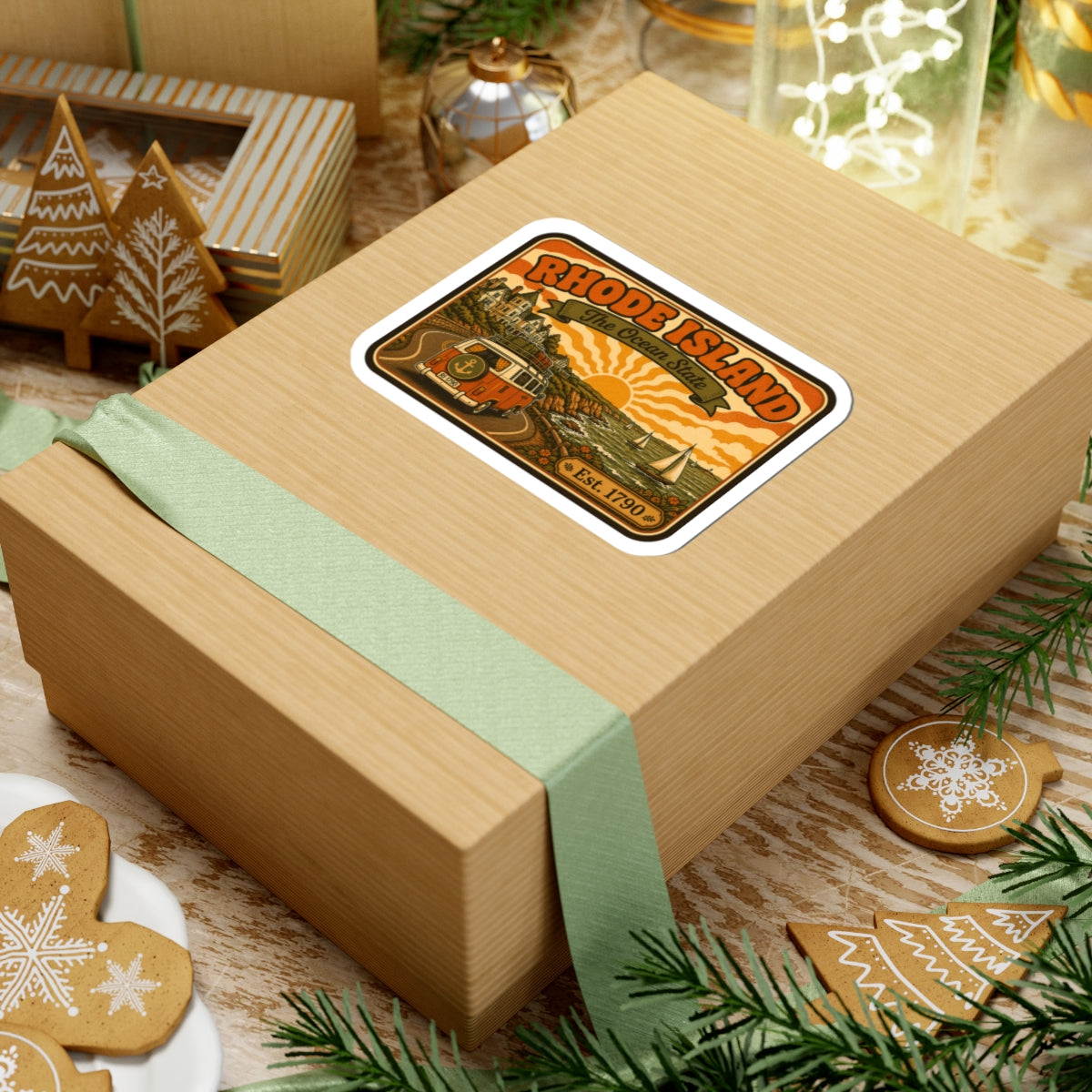 Rhode Island sticker on ribboned gift box, camper van sunset scene, Est. 1790