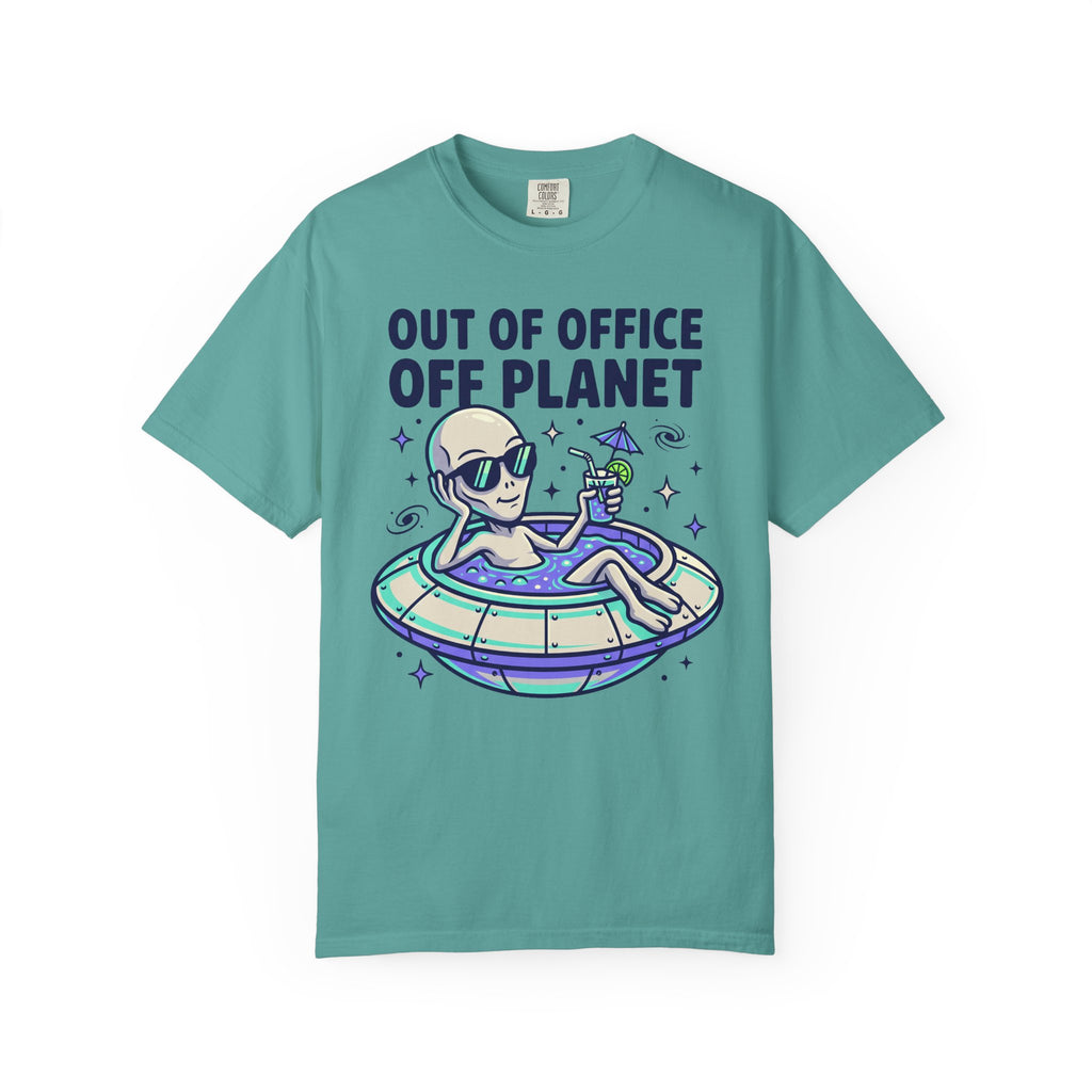 Teal alien floatie T-shirt with “OUT OF OFFICE OFF PLANET” graphic on front